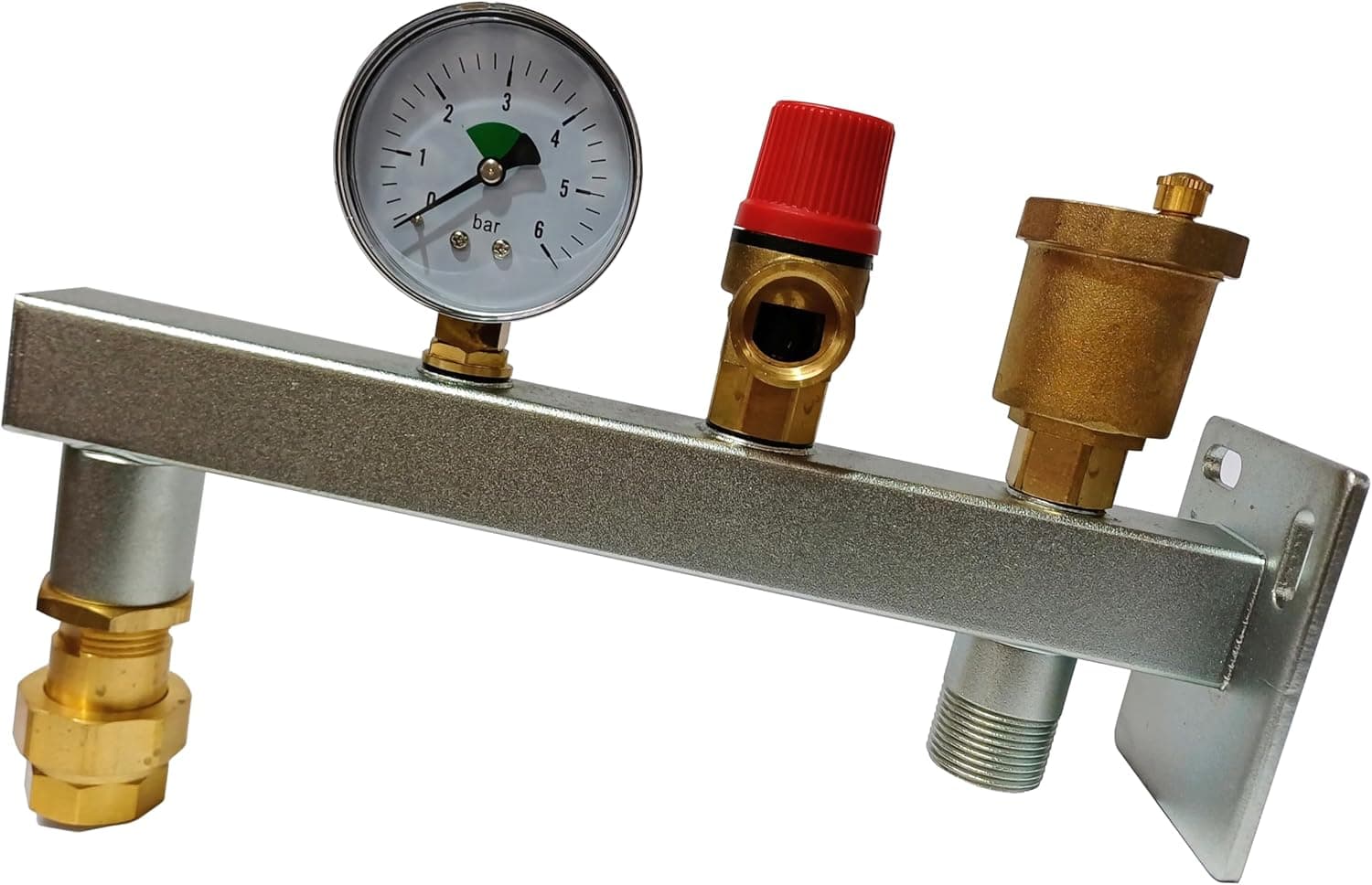 Console murale pour vase d’expansion de chaudière avec soupape de sécurité à membrane, manomètre et purgeur d’air automatique intégrés, valve d'isolement